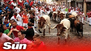 Pamplona Bull Run 2019 tumbles turns and injuries [upl. by Sherrer]