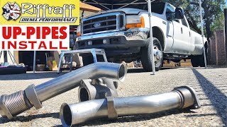 2001 F350 73  RiffRaff UpPipes Install  Stock up pipes leaking and falling apart JUNK SP [upl. by Sion]